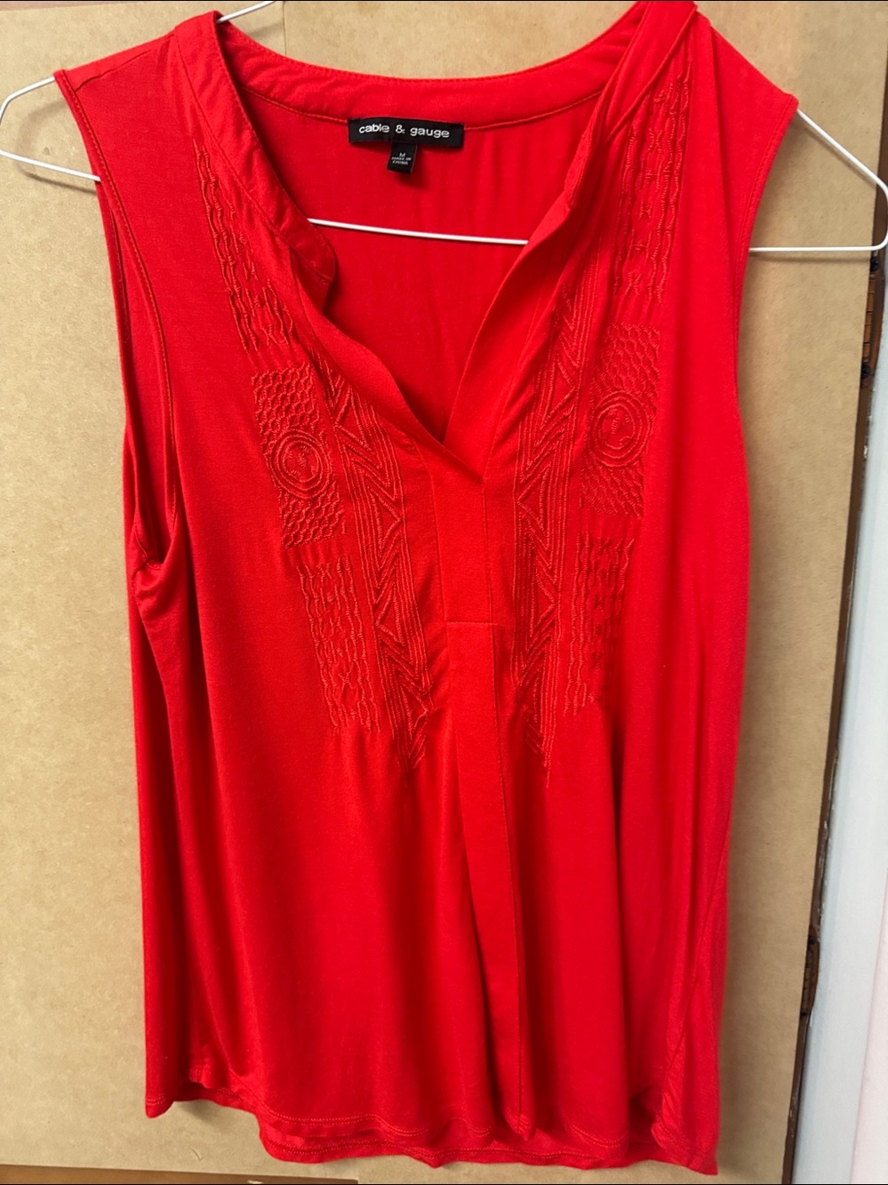 Cable & Gauge Red Sleeveless Embroidered V-Neck Tank